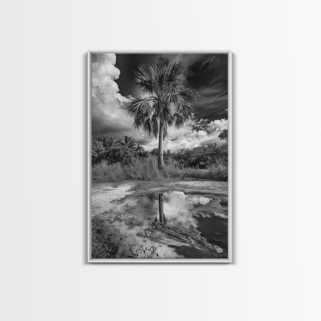 Tropical Palm, Reflected Sky, Nature Tranquility, Canvas Print, boho wall decor, bathroom art, tropical reflection photography