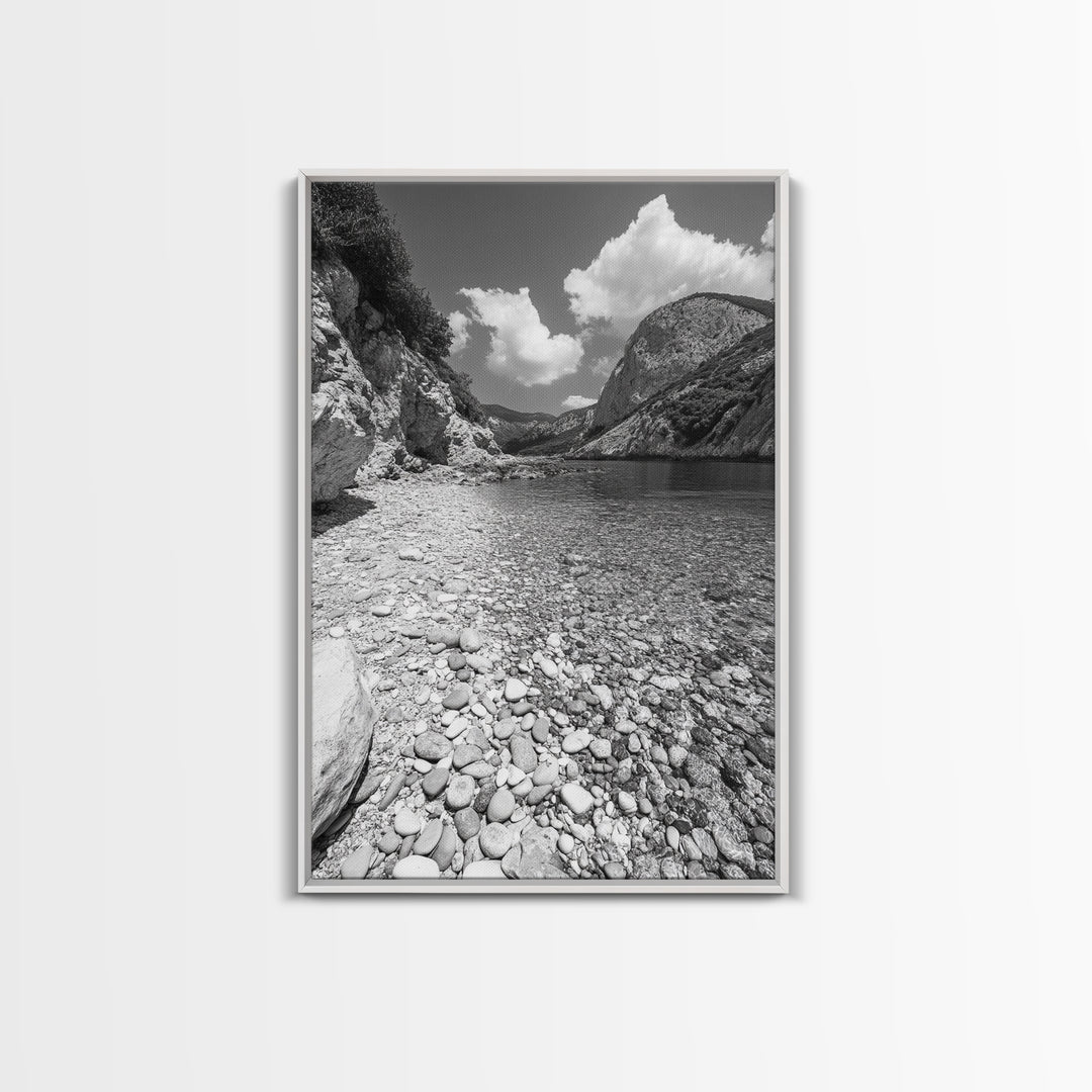 Rocky Beach, Crystal Water, Mountain Backdrop, Framed Canvas Print, tranquil lake art, minimalist decor, natural wall art