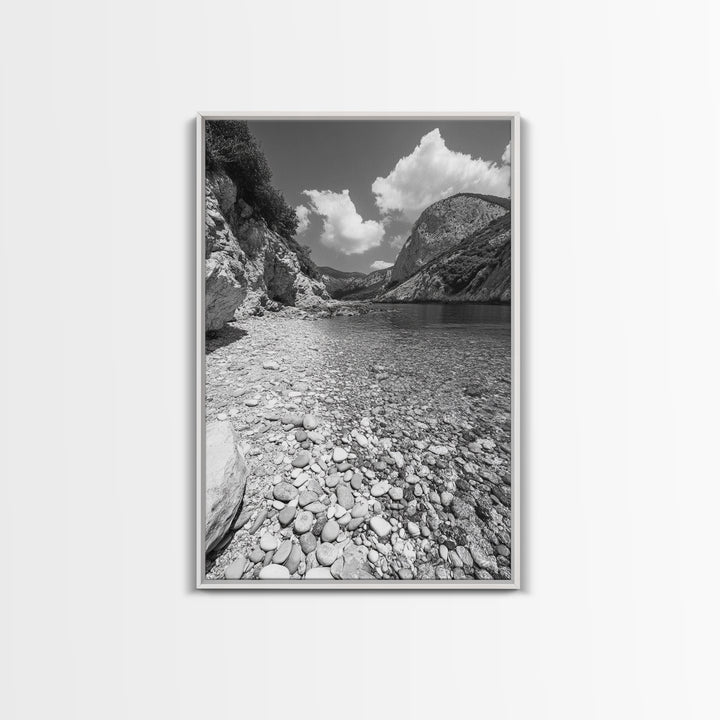 Rocky Beach, Crystal Water, Mountain Backdrop, Framed Canvas Print, tranquil lake art, minimalist decor, natural wall art