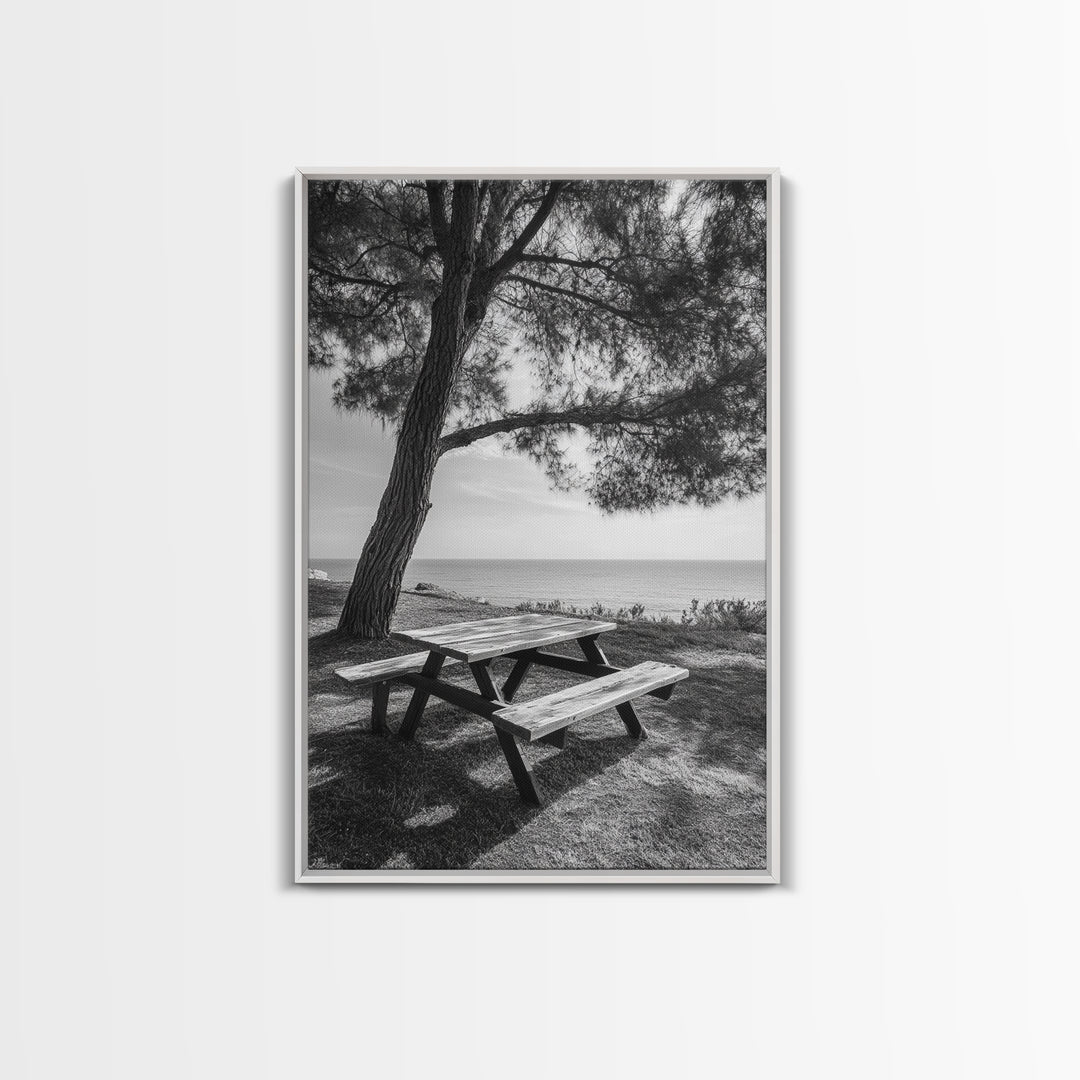 Seaside Bench, Peaceful Escape, Shaded Picnic, Canvas Print, nature photography, coastal wall art, relaxing ocean decor, Minimalist Decor
