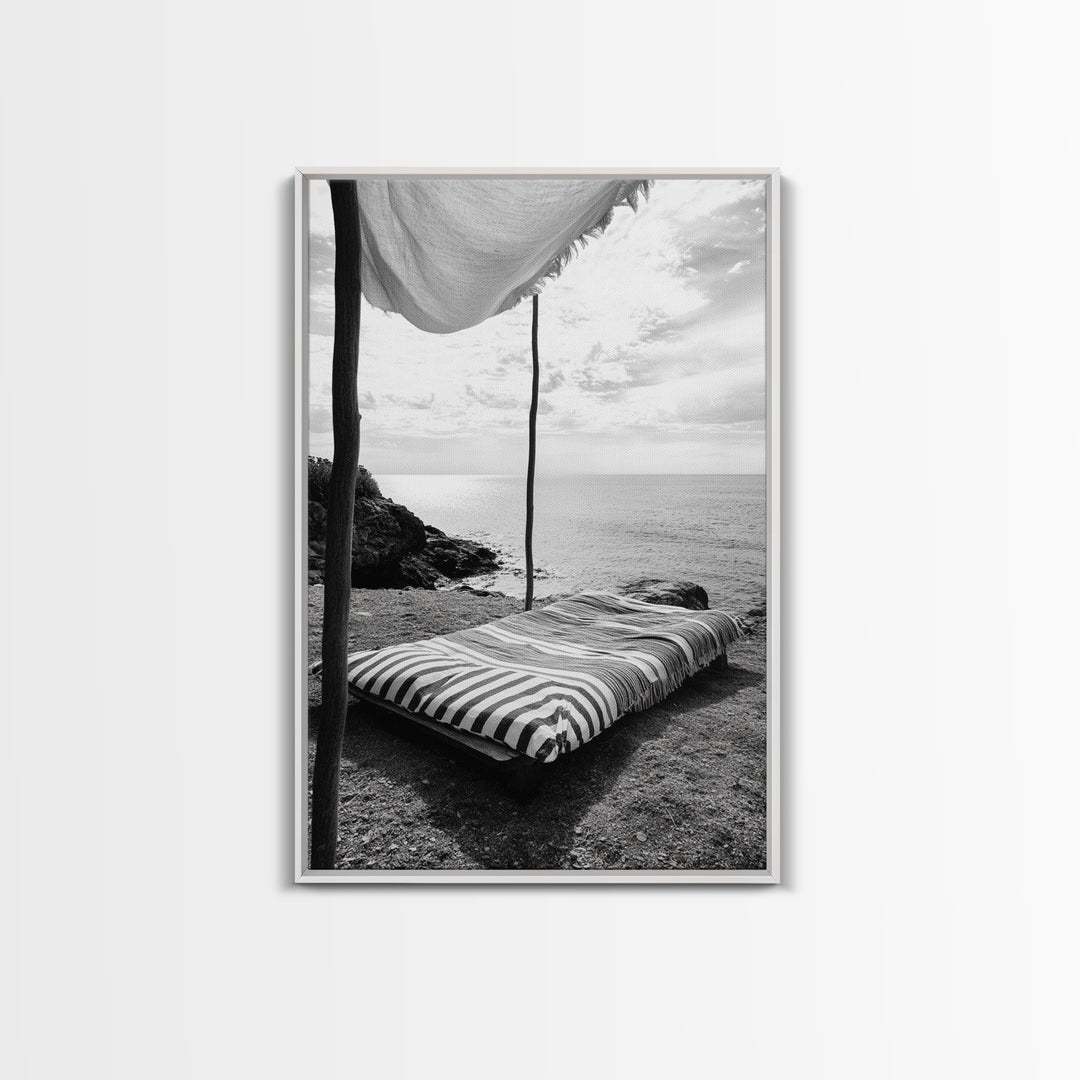Seaside Nap, Minimal Daybed, Coastal Shade, Serene Moment, Canvas Print, Beach Bedroom Decor, Boho Seaside Art, Coastal Wall Style