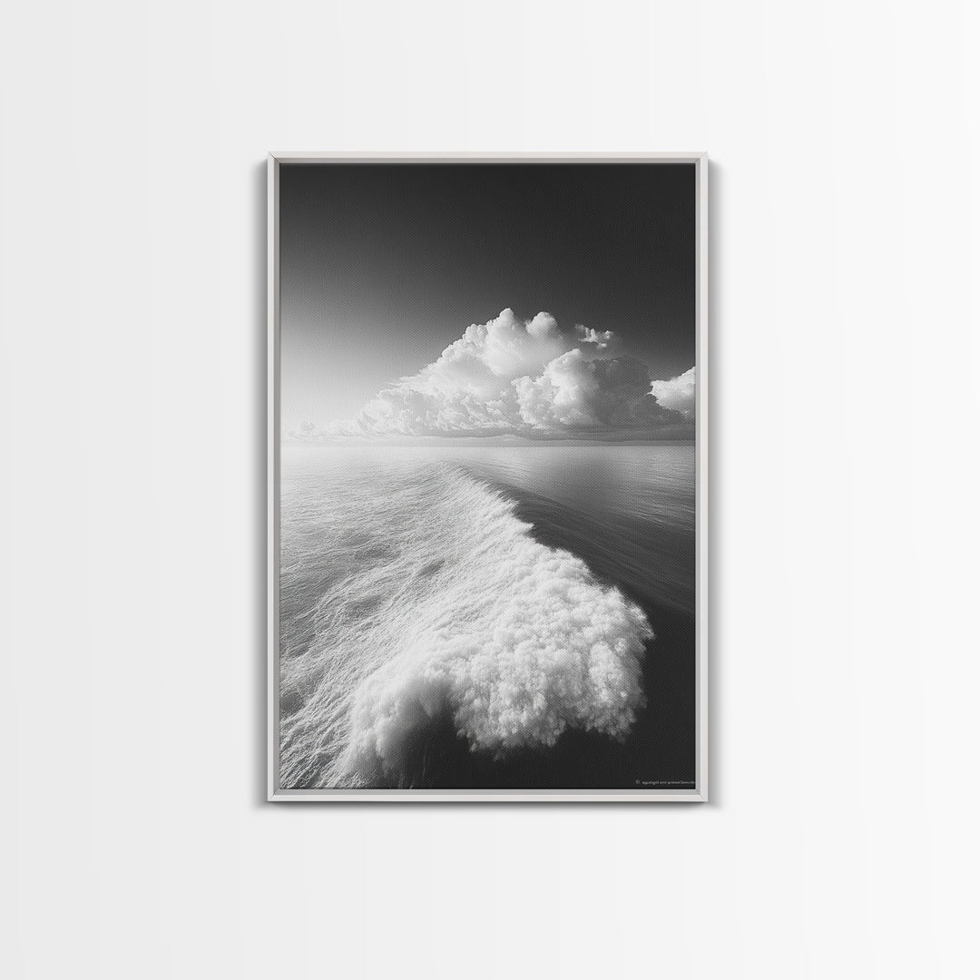 Ocean Wake, Cloud Horizon, Surreal Seascape, Framed Canvas Print, Dreamy Black White Wall Art, Bathroom Decor, Coastal Fantasy Art