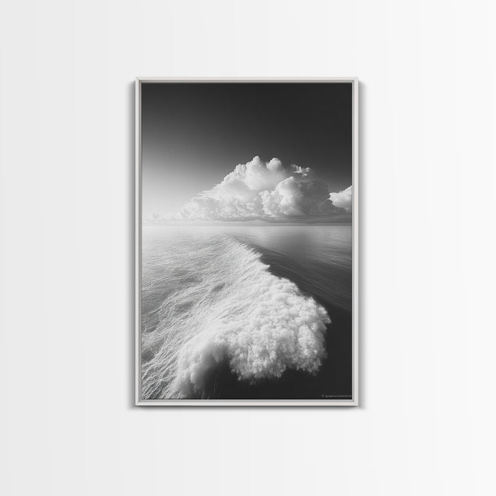 Ocean Wake, Cloud Horizon, Surreal Seascape, Framed Canvas Print, Dreamy Black White Wall Art, Bathroom Decor, Coastal Fantasy Art
