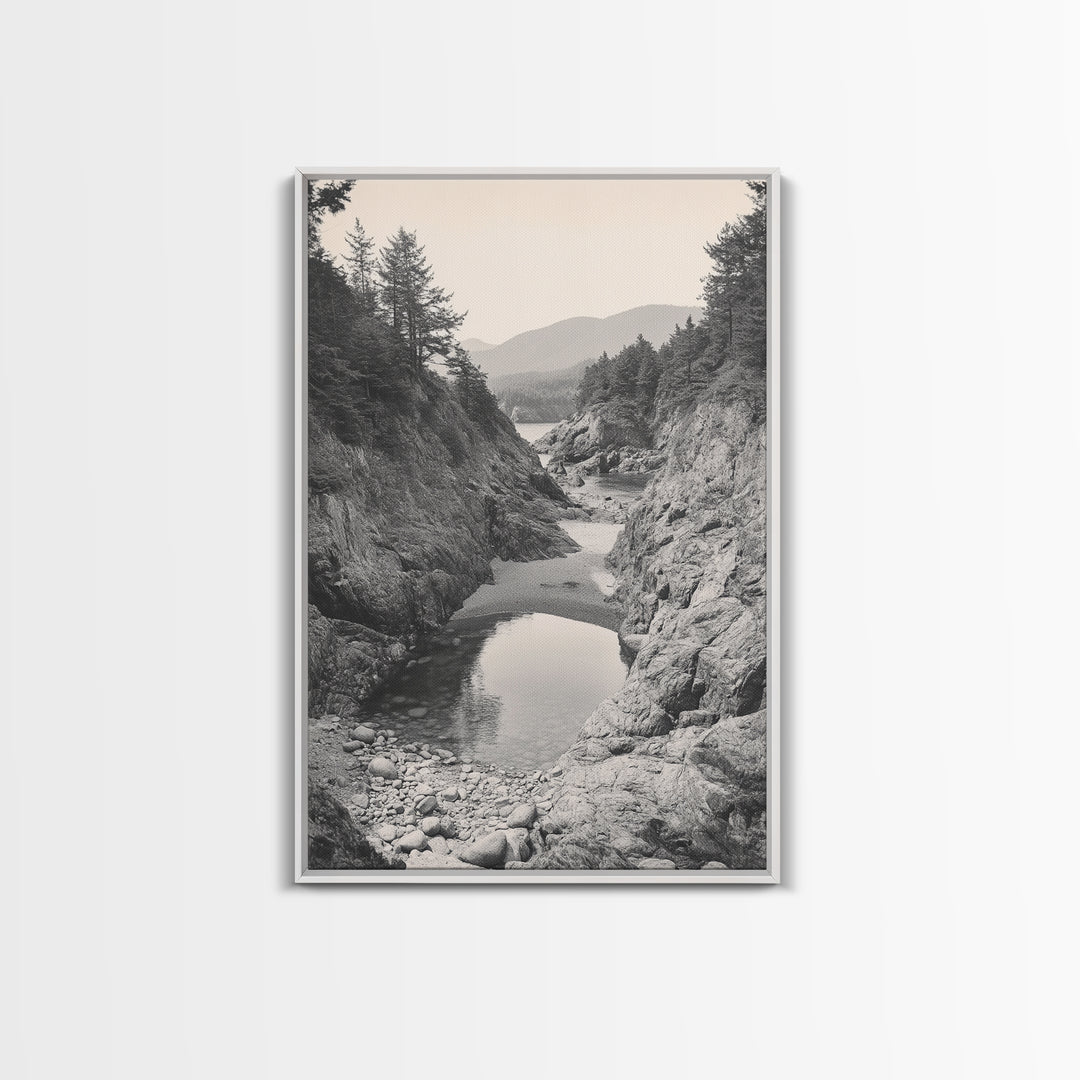 Forest Coast, Rocky Shore, Ocean View, Framed Canvas Print, Serene Nature Wall Art, Bathroom or Hallway Decor, Pacific Northwest Style