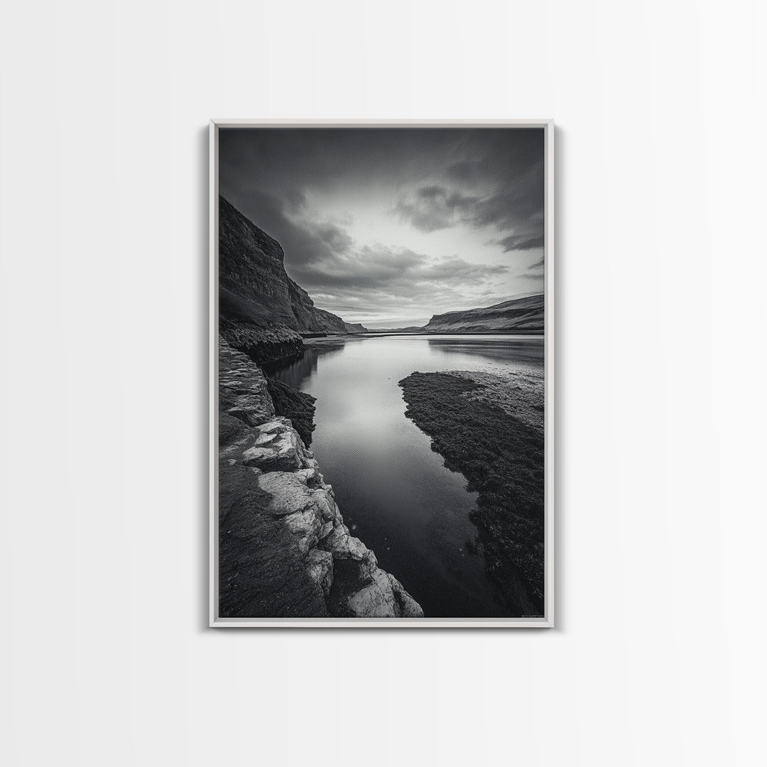 River Gorge, Twilight Reflections, Cliffside Calm, Canvas Print, Moody Black White Wall Art, Bedroom or Office Decor, Dramatic Landscape