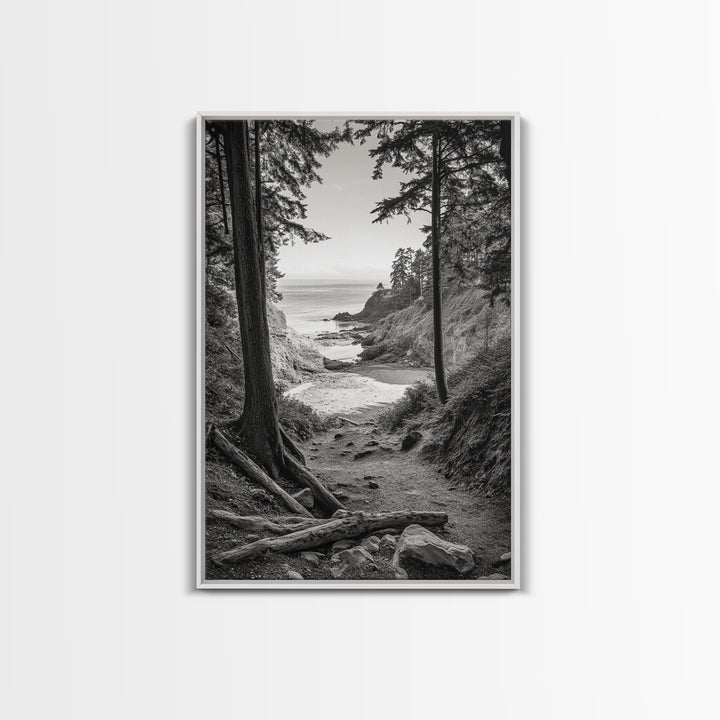 orest Cove, Ocean View, Pacific Trail, Framed Canvas Print, Coastal Nature Wall Art, Entryway Decor, Earthy Minimalist Photography