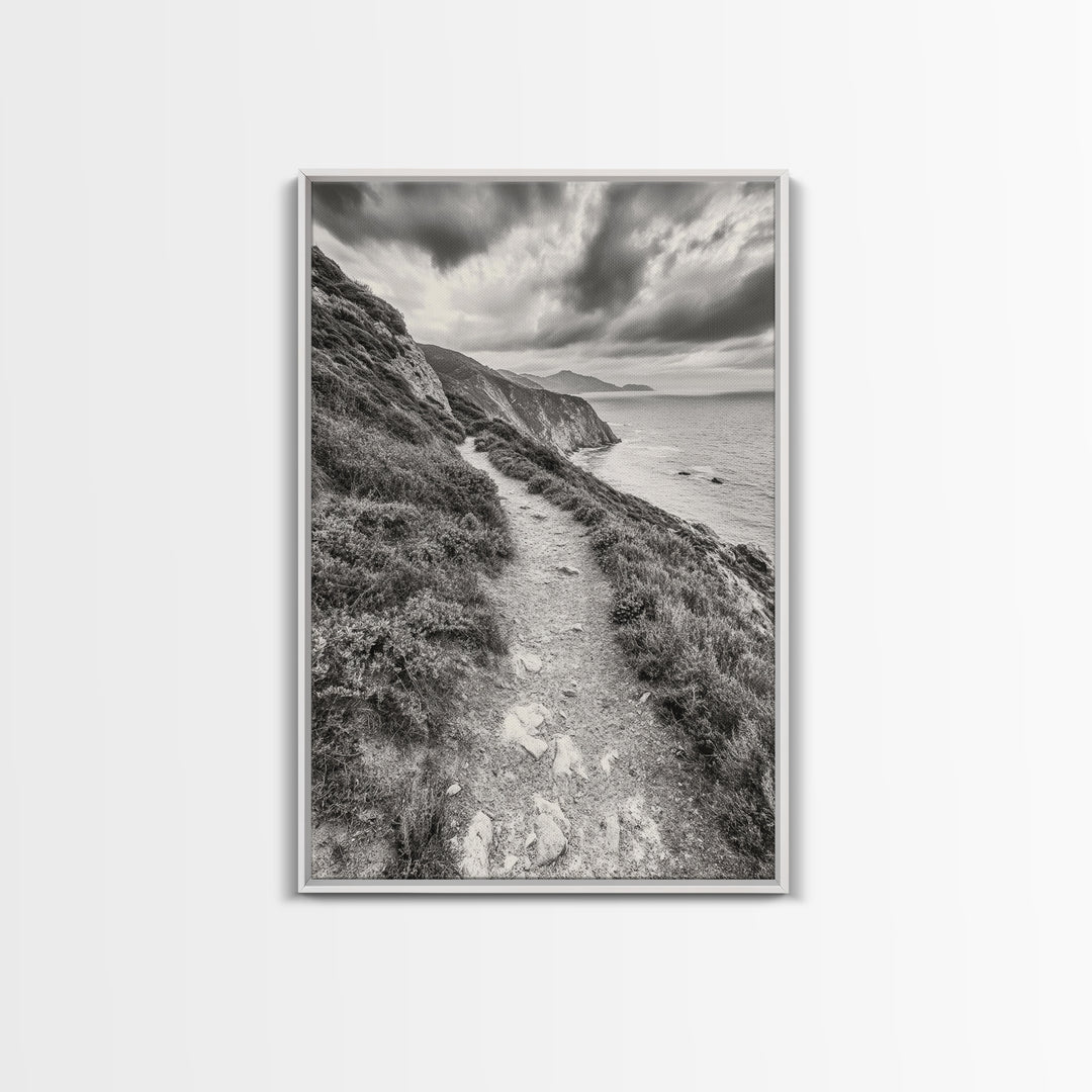 Cliffside Path, Coastal Trail, Ocean Escape, Canvas Print, Moody Landscape Wall Art, Living Room Decor, Adventure Travel Aesthetic