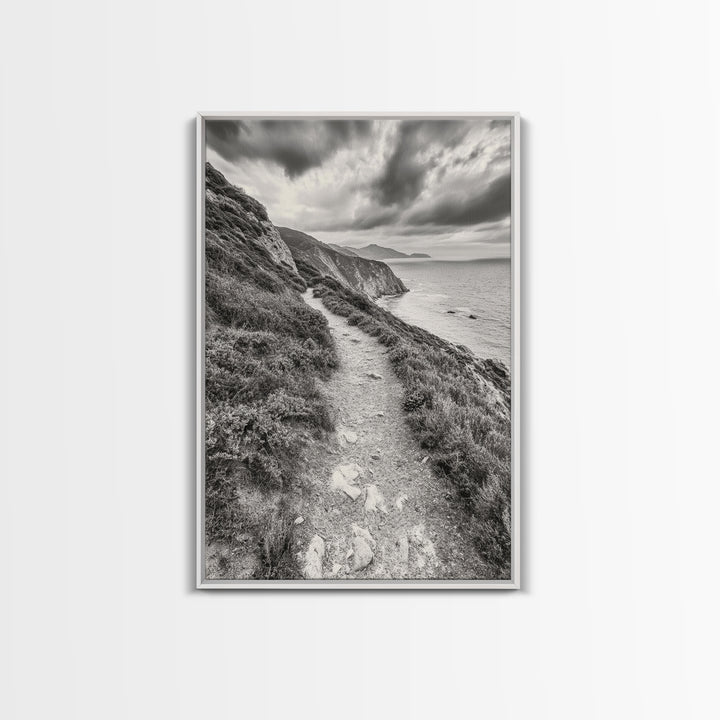 Cliffside Path, Coastal Trail, Ocean Escape, Canvas Print, Moody Landscape Wall Art, Living Room Decor, Adventure Travel Aesthetic