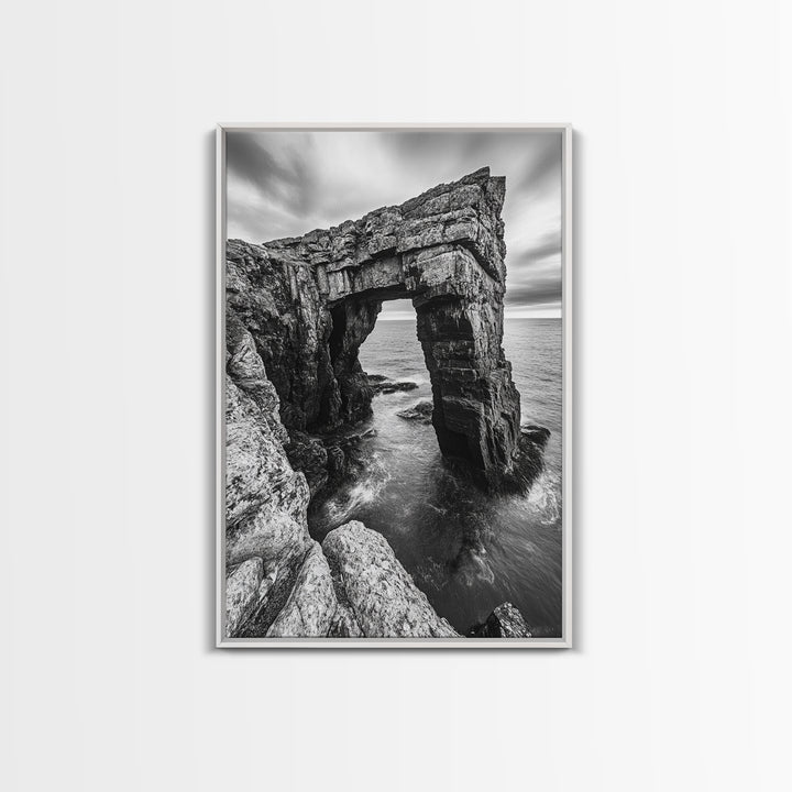 Sea Arch, Coastal Rock, Ocean Cliffside, Canvas Print, Dramatic Nature Wall Art, Living Room or Office Decor, Black White Seascape
