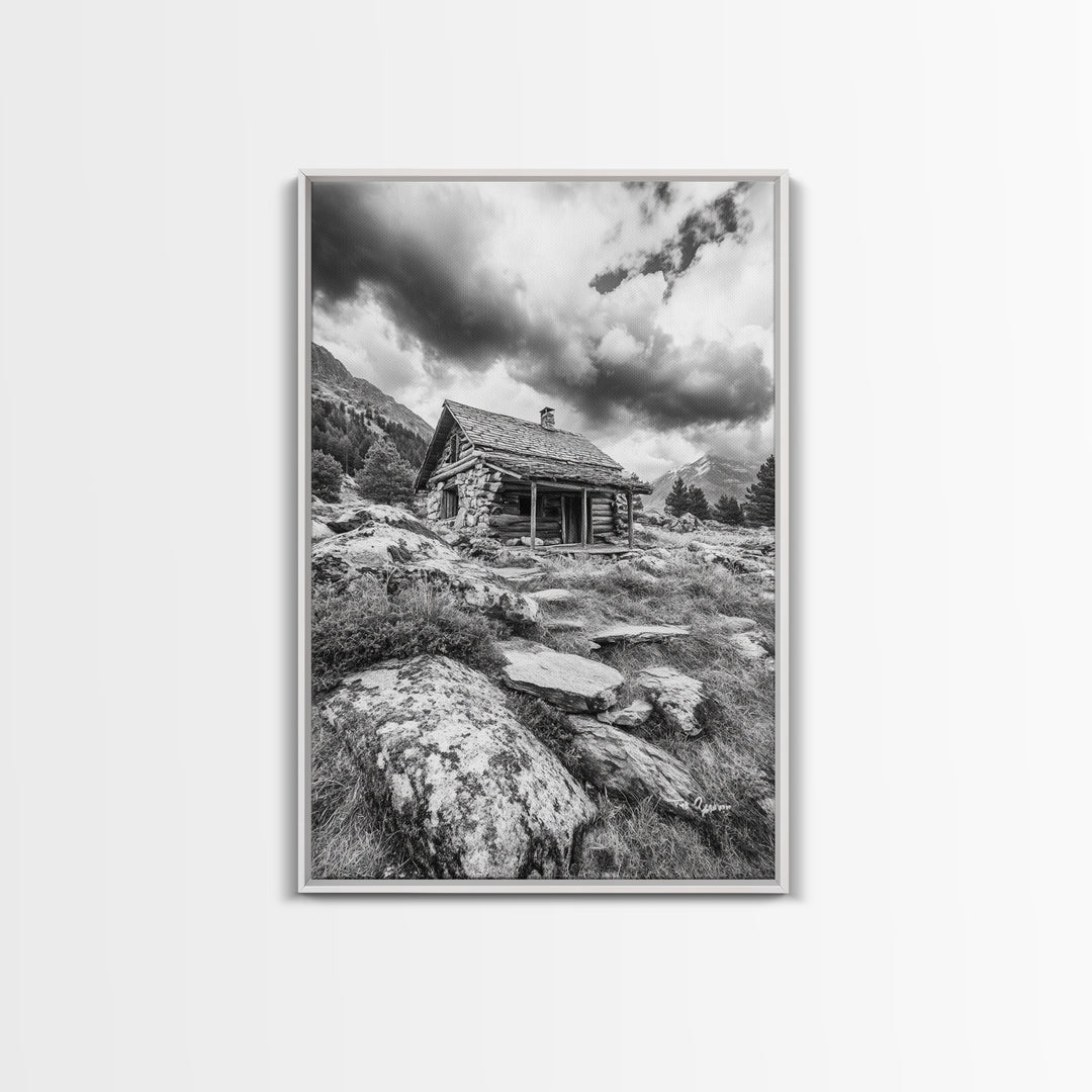 Rustic Cabin, Mountain Hideaway, Stormy Sky, Nature Lodge Decor, Framed Canvas Print, Autumn Vibes, Cozy Wall Art, Rustic Home Style