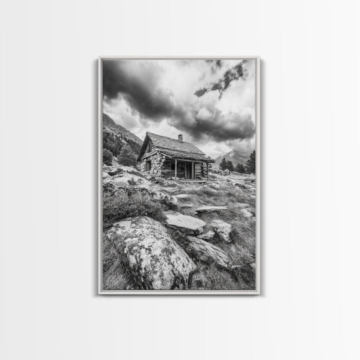 Rustic Cabin, Mountain Hideaway, Stormy Sky, Nature Lodge Decor, Framed Canvas Print, Autumn Vibes, Cozy Wall Art, Rustic Home Style