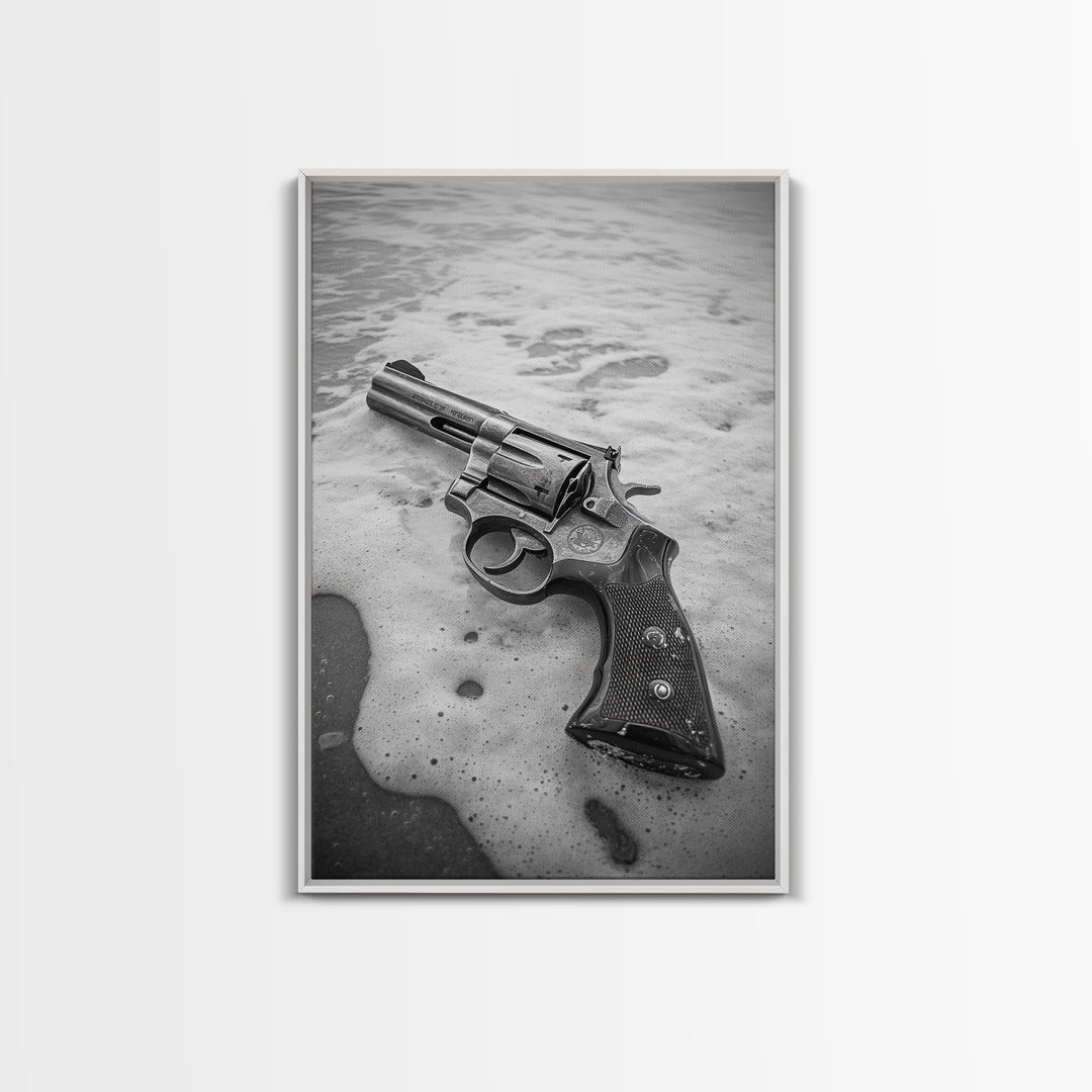 Revolver Beach, Washed Ashore, Western Style, Noir Photography, Framed Canvas Print, Industrial Wall Art, Man Cave Decor, Rustic Vibes