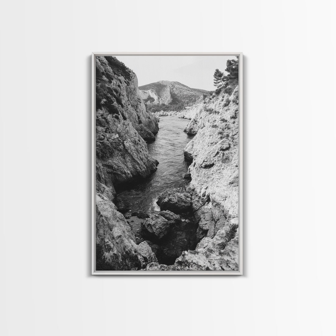 Mountain Gorge, Rugged Canyon, Flowing Stream, Wilderness Explorer, Framed Canvas Print, Cabin Wall Art, Adventurous Rustic Style