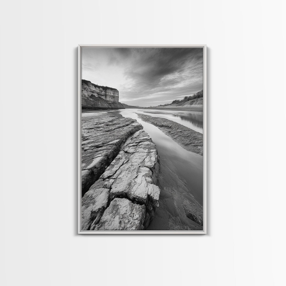 Eroded Riverbed, Desert Rock, Serene Canyon, Long Exposure, Framed Canvas Print, Earth Tones, Dining Room Decor, Nature Inspired
