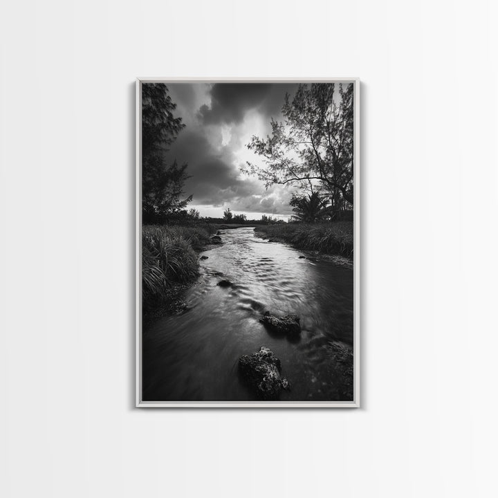 River Flow, Storm Clouds, Nature Trees, Monochrome Scene, Framed Canvas Print, Bathroom Wall Art, Moody Landscape, Rustic Home Decor