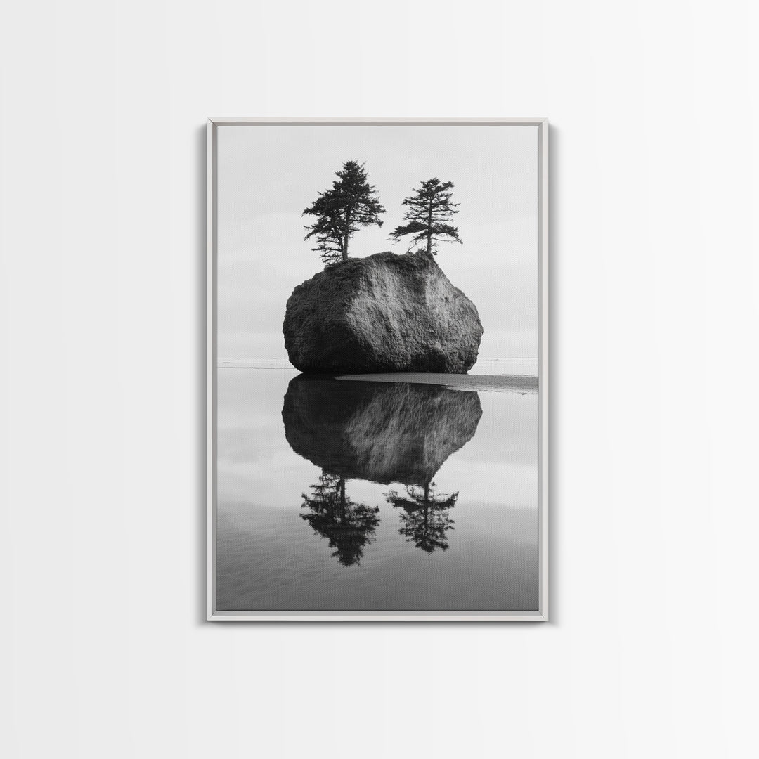 Island Reflection, Twin Trees, Still Water, Minimal Seascape, Framed Canvas Print, Bedroom Wall Art, Zen Decor, Black and White Art