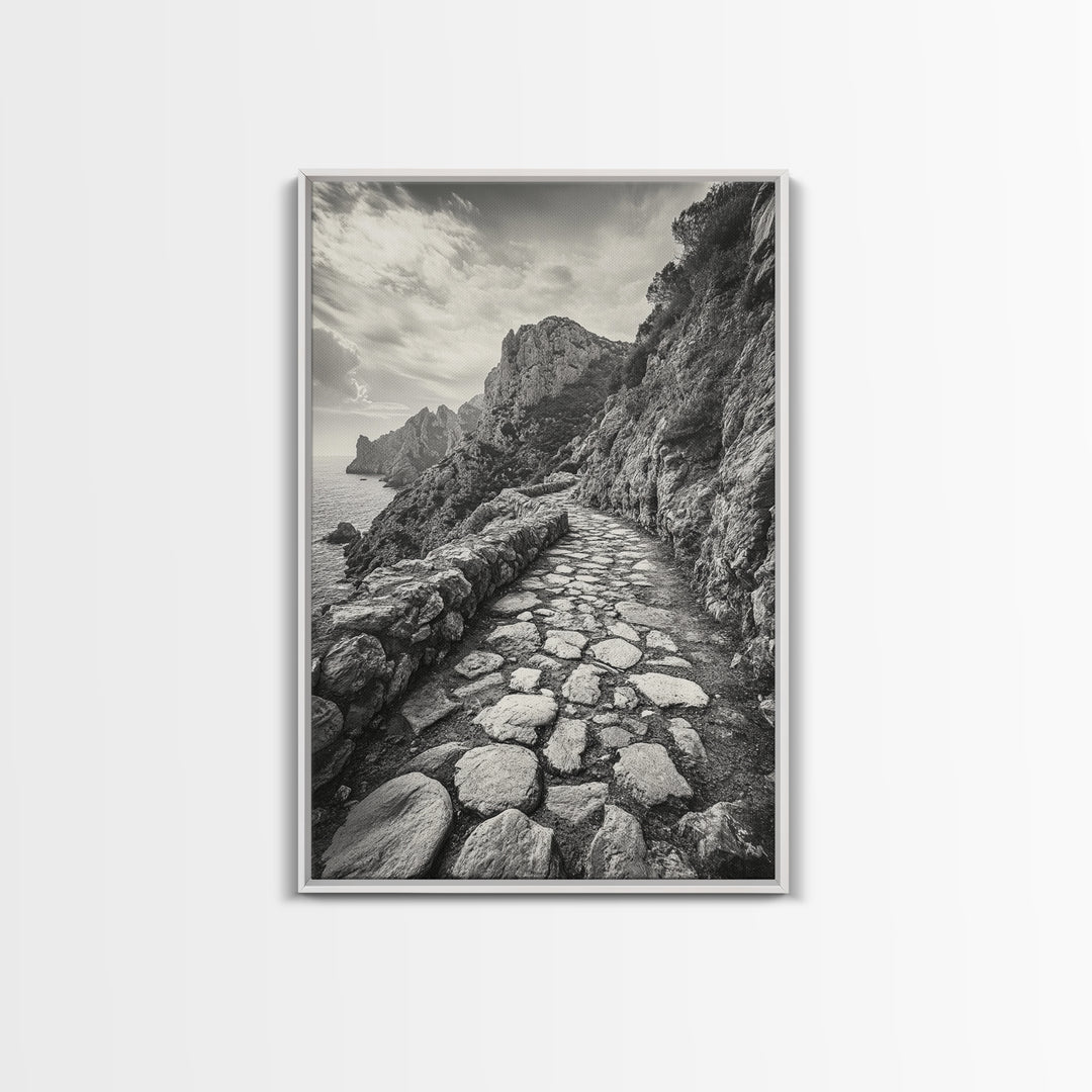 Cliff Path, Coastal Trail, Rugged Rock, Hiking Vibe, Framed Canvas Print, Hallway Wall Art, Nature Photography, Adventure Decor