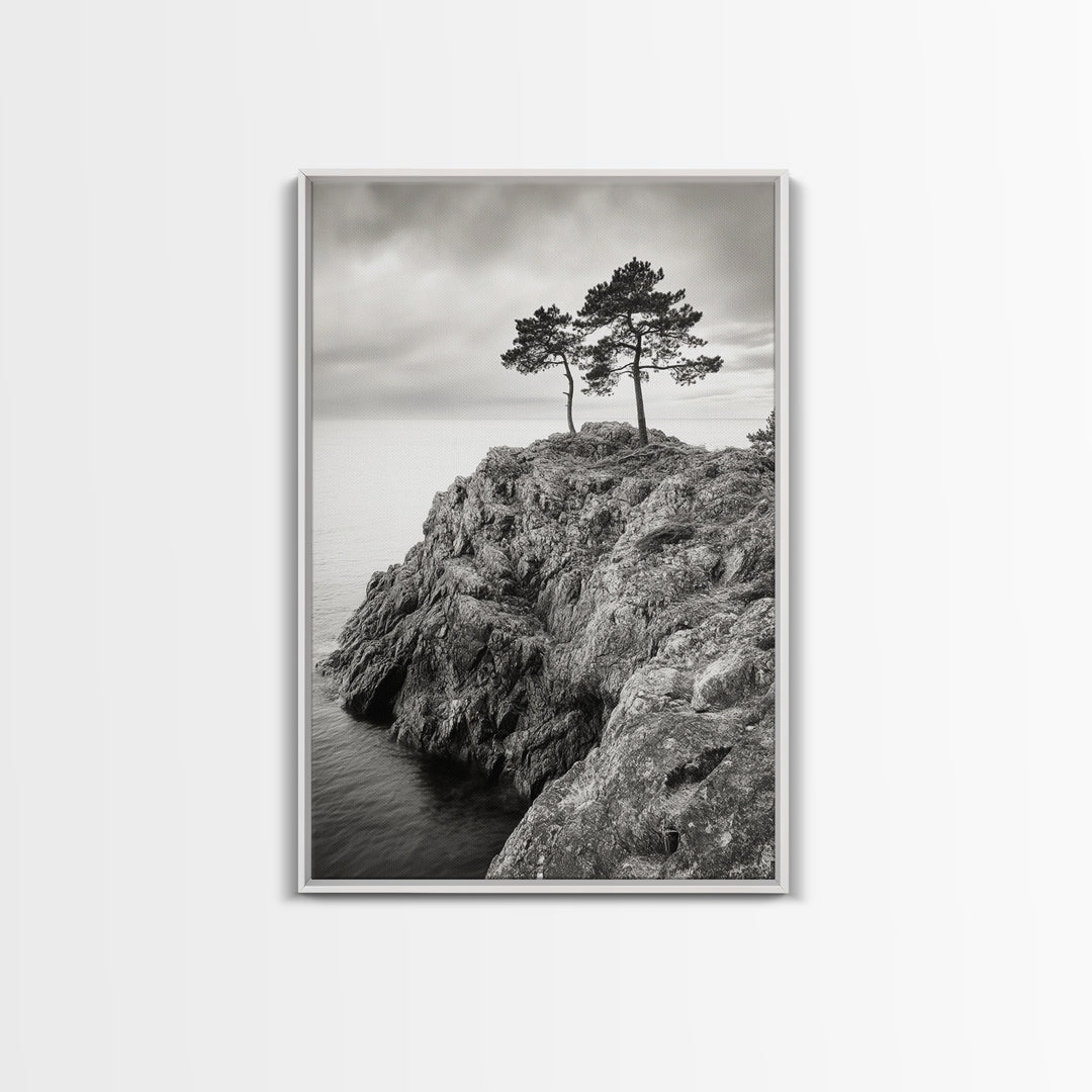 Rocky Coast, Lone Trees, Ocean View, Monochrome Calm, Framed Canvas Print, Bathroom Wall Art, Coastal Style, Minimalist Mountain Art