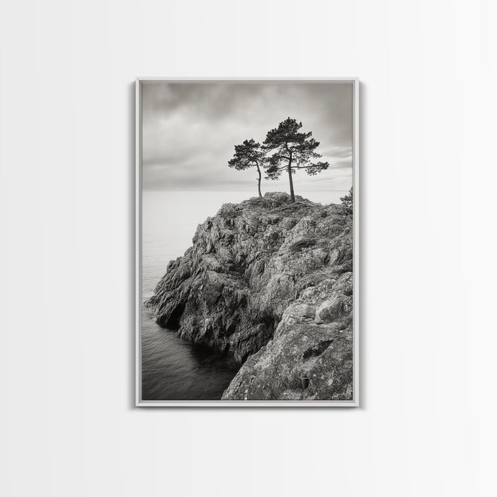 Rocky Coast, Lone Trees, Ocean View, Monochrome Calm, Framed Canvas Print, Bathroom Wall Art, Coastal Style, Minimalist Mountain Art