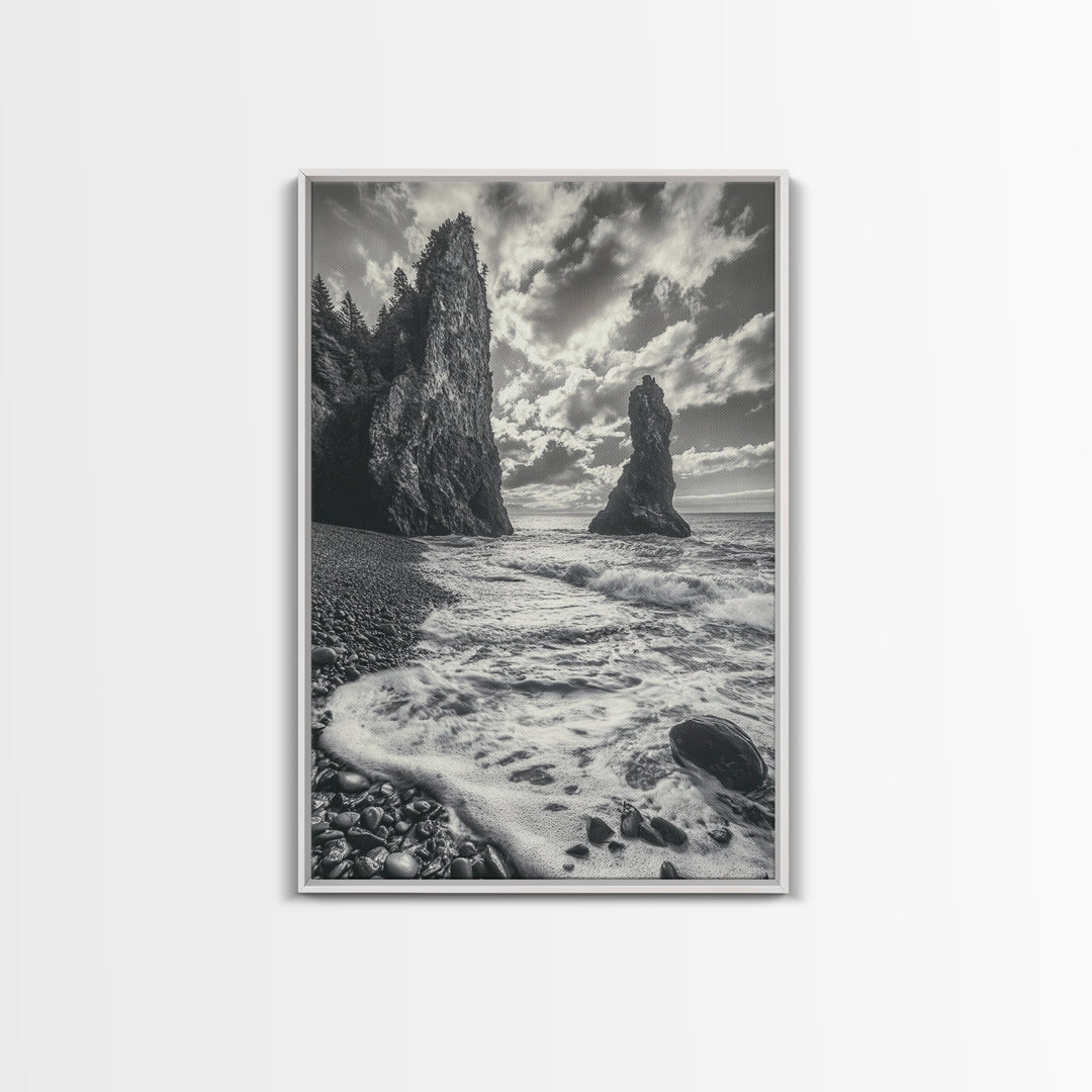 Sea Spires, Ocean Foam, Pebble Shore, Wild Coast, Framed Canvas Print, Living Room Wall Art, Dramatic Landscape, Coastal Home Decor