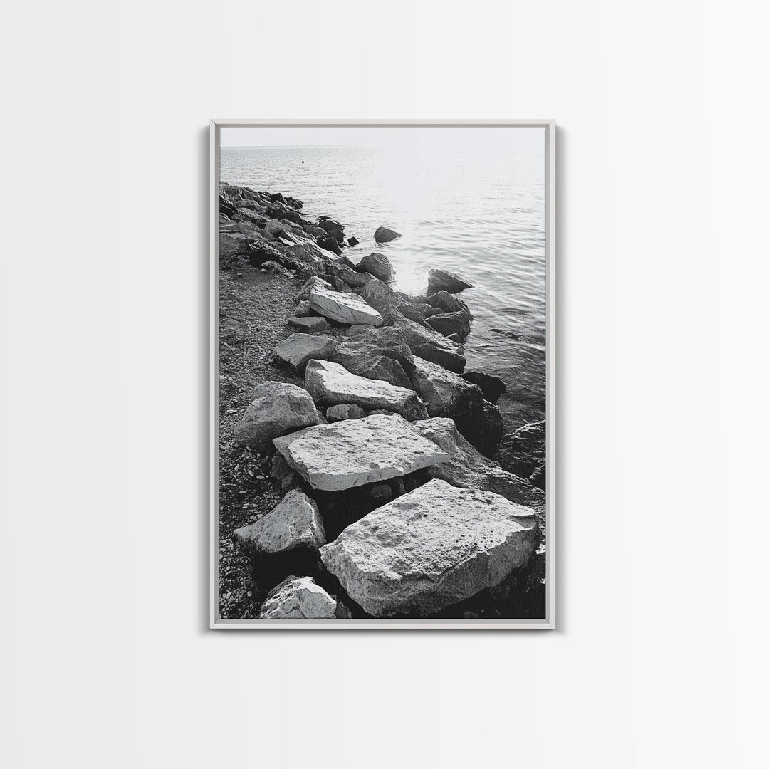 Shore Rocks, Sunlit Ocean, Rugged Texture, Minimal Horizon, Framed Canvas Print, Entryway Wall Art, Beach Decor, Neutral Tones