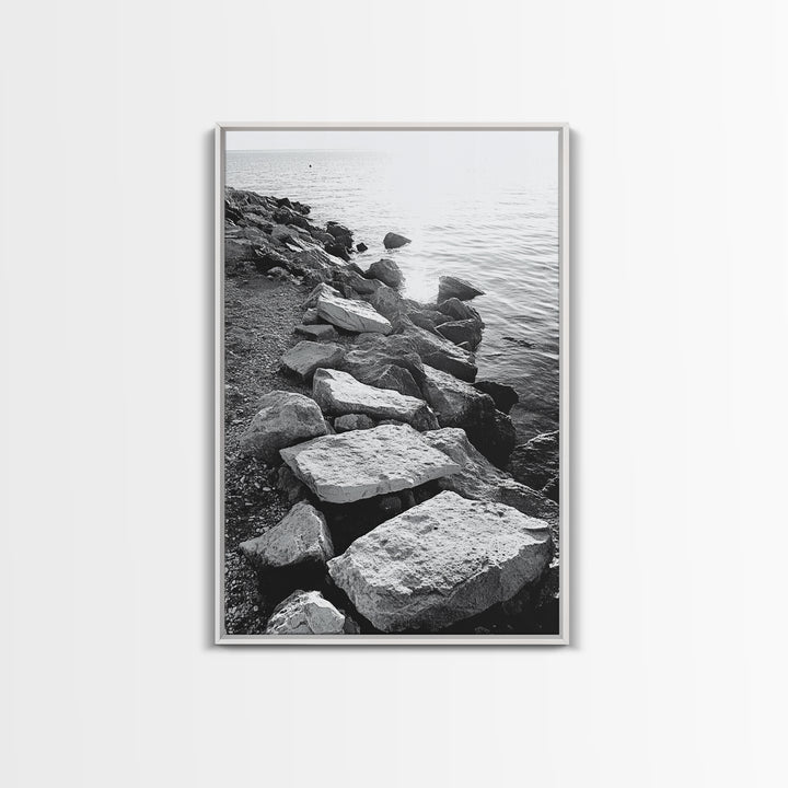 Shore Rocks, Sunlit Ocean, Rugged Texture, Minimal Horizon, Framed Canvas Print, Entryway Wall Art, Beach Decor, Neutral Tones
