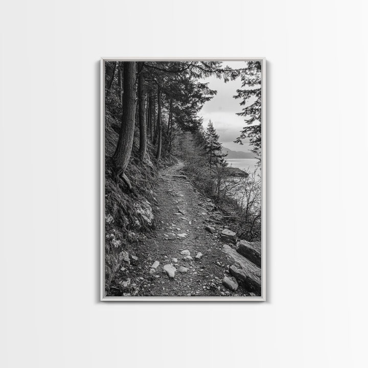 Forest Pathway Trail, Wilderness Escape, Rustic Nature, Black and White Framed Canvas Print, Cozy Cabin or Entryway Wall Art