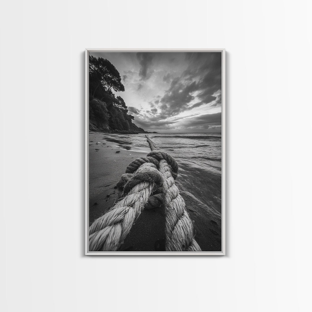 Beach Rope Knot, Coastal Connection, Ocean Shoreline, Nautical Canvas Print, Black and White Bathroom or Seaside Wall Decor