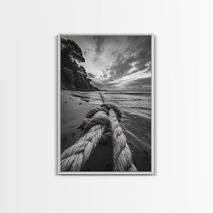 Beach Rope Knot, Coastal Connection, Ocean Shoreline, Nautical Canvas Print, Black and White Bathroom or Seaside Wall Decor