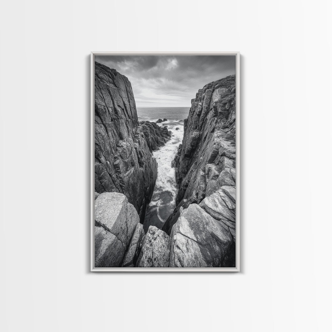 Ocean Cliff Pass, Rugged Coastal Rocks, Nature Power, Monochrome Framed Canvas Print, Moody Bathroom or Masculine Office Art