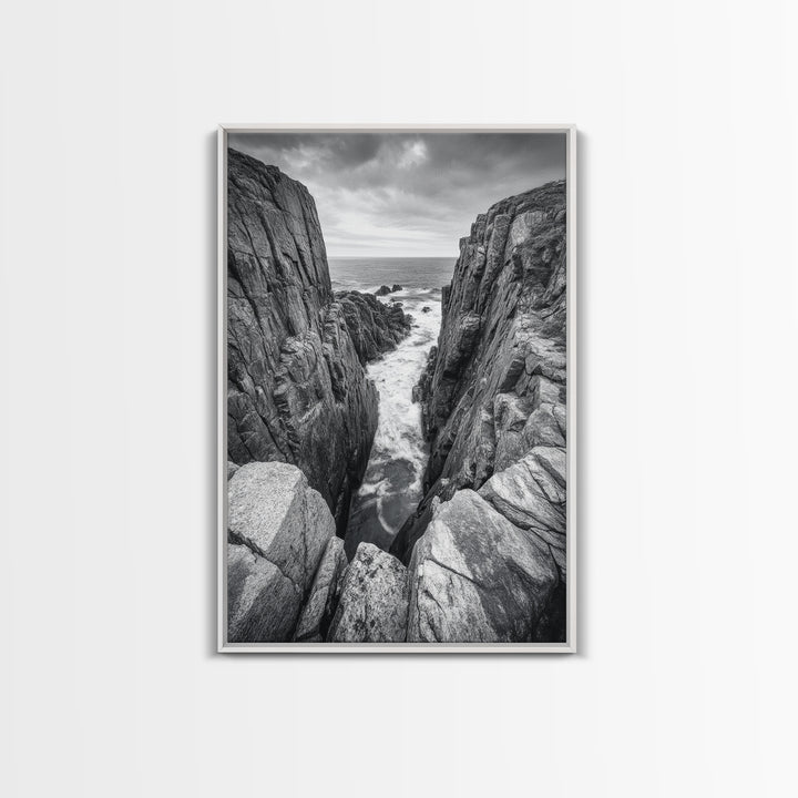 Ocean Cliff Pass, Rugged Coastal Rocks, Nature Power, Monochrome Framed Canvas Print, Moody Bathroom or Masculine Office Art