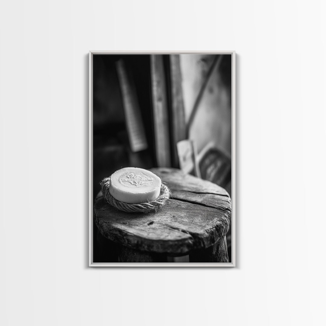 Artisan Soap Still Life, Rustic Wellness Scene, Country Bathroom, Monochrome Framed Canvas Print, Farmhouse Bathroom Wall Art