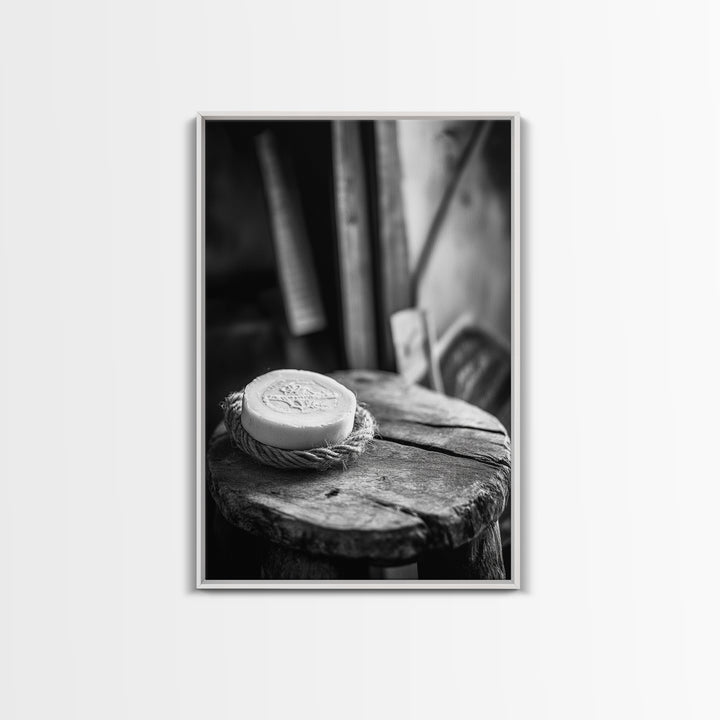Artisan Soap Still Life, Rustic Wellness Scene, Country Bathroom, Monochrome Framed Canvas Print, Farmhouse Bathroom Wall Art