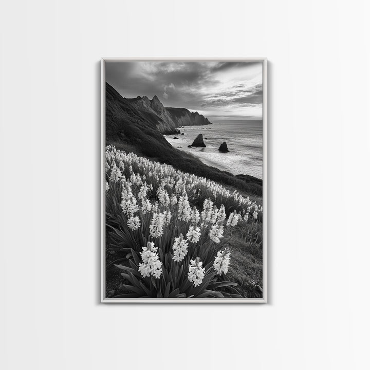 Coastal Blooms, Ocean Cliffs, Seaside Flowers, Canvas Print, Nature Photography, Living Room Art, Modern Coastal Wall Decor, Spring Vibes