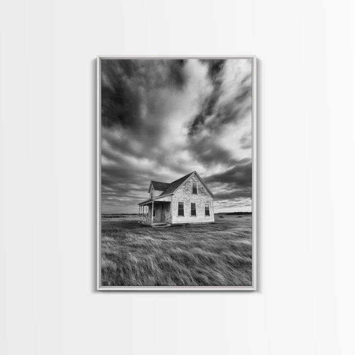 Abandoned House, Windy Prairie, Haunted Landscape, Framed Canvas Print, Fall Wall Art, Rural Home Decor, Moody Halloween Style