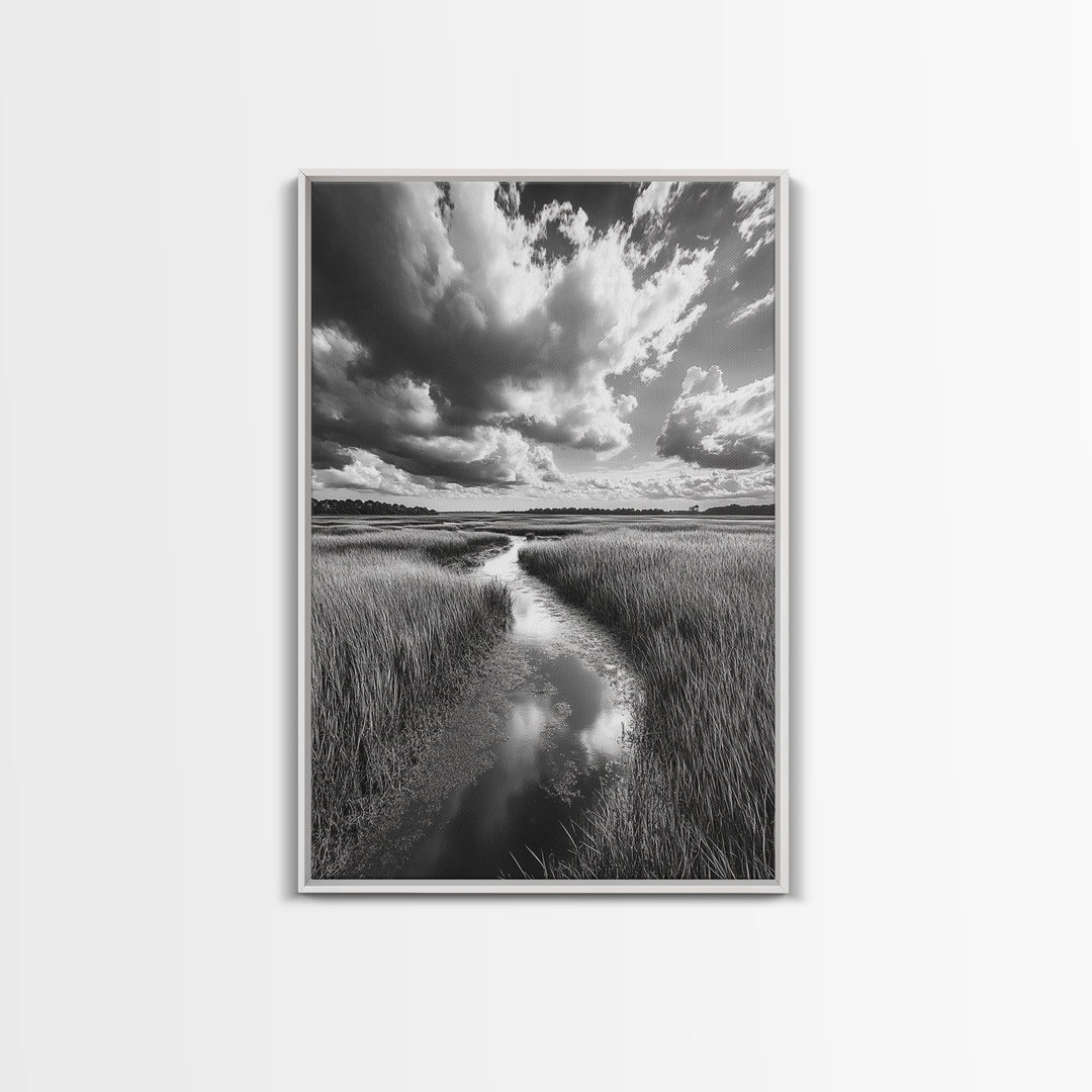 Marshland Stream, Dramatic Clouds, Nature Reflection, Canvas Print, Minimalist Landscape, Bathroom Art, Earthy Tones, Zen Mood