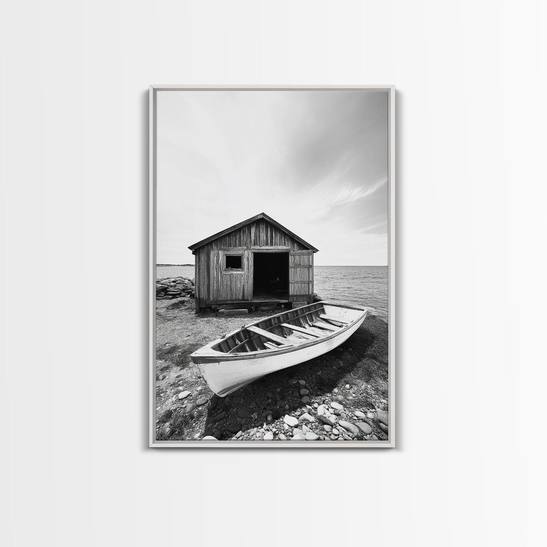 Shore Cabin, Rowboat Rest, Coastal Cabin, Serene Shoreline, Canvas Print, Lake House Wall Art, Rustic Decor, Living Room Seaside Art