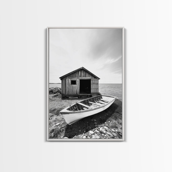 Shore Cabin, Rowboat Rest, Coastal Cabin, Serene Shoreline, Canvas Print, Lake House Wall Art, Rustic Decor, Living Room Seaside Art