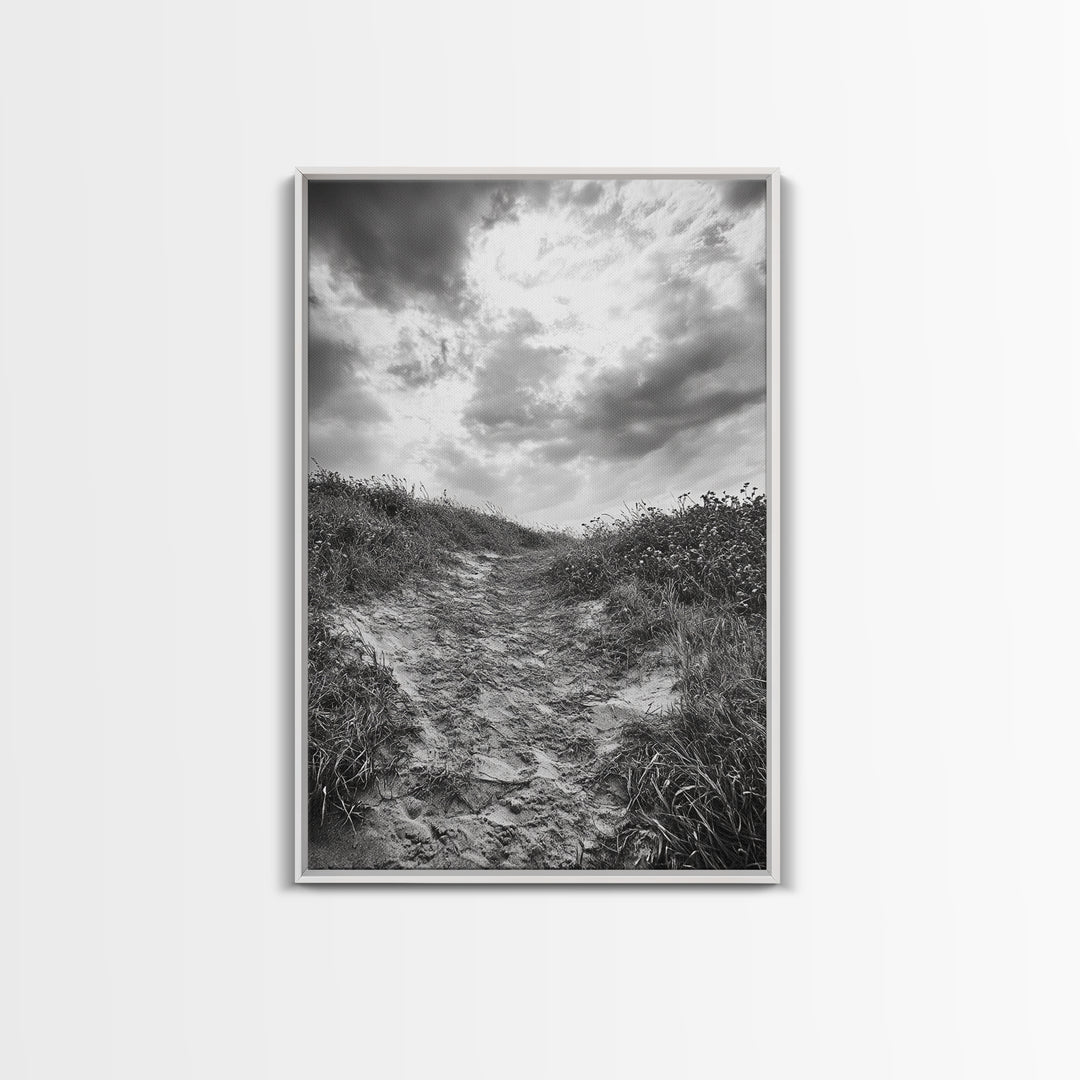 Sandy Trail, Ocean Path, Windy Grass, Moody Sky, Framed Canvas Print, coastal nature photography, hallway decor, rustic neutral art