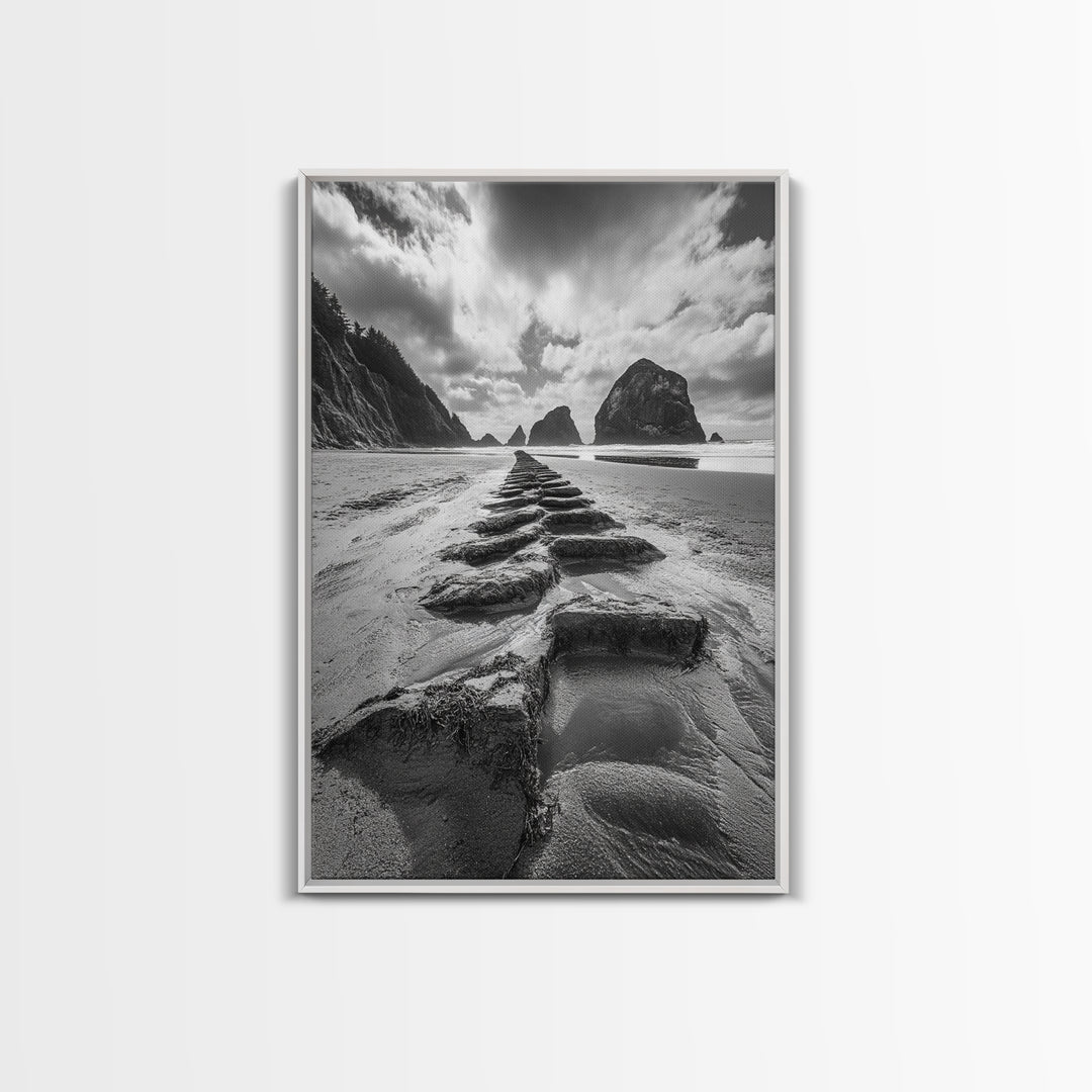 Ocean Rocks, Beach Landscape, Cloudy Sky, Rugged Coast, Canvas Print, coastal adventure wall art, living room decor, nature lover gift