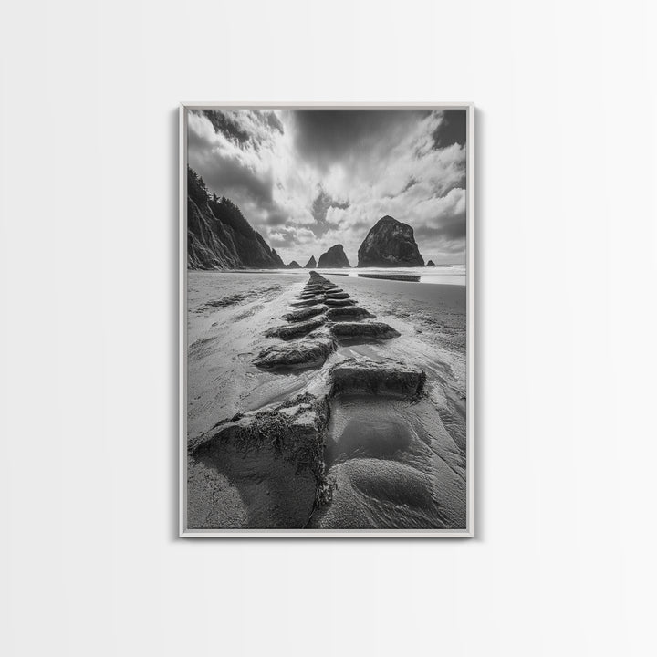 Ocean Rocks, Beach Landscape, Cloudy Sky, Rugged Coast, Canvas Print, coastal adventure wall art, living room decor, nature lover gift