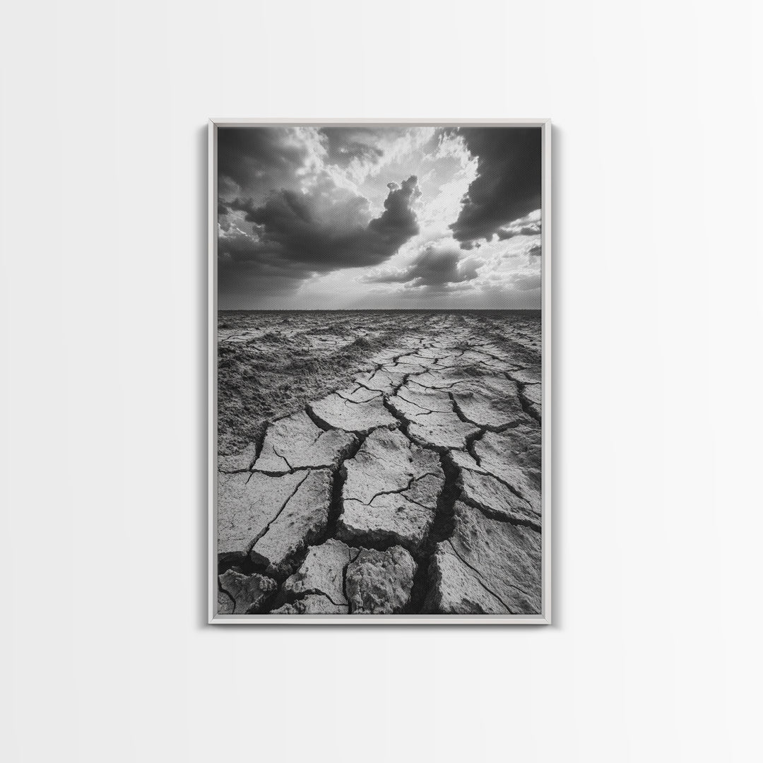 Cracked Earth, Drought Desert, Apocalyptic Sky, Dry Landscape, Canvas Print, minimalist wall decor, modern earth tones, office statement piece