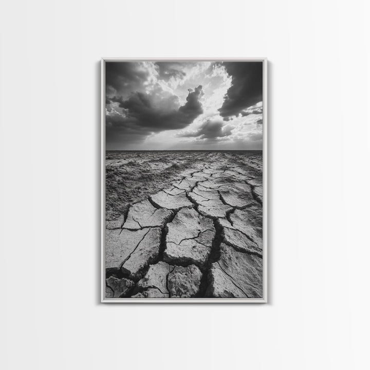 Cracked Earth, Drought Desert, Apocalyptic Sky, Dry Landscape, Canvas Print, minimalist wall decor, modern earth tones, office statement piece