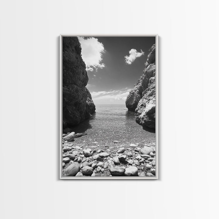 Rocky Cove, Serene Sea, Coastal Escape, Crystal Water, Canvas Print, bathroom ocean art, coastal minimalist decor, tranquil seascape gift