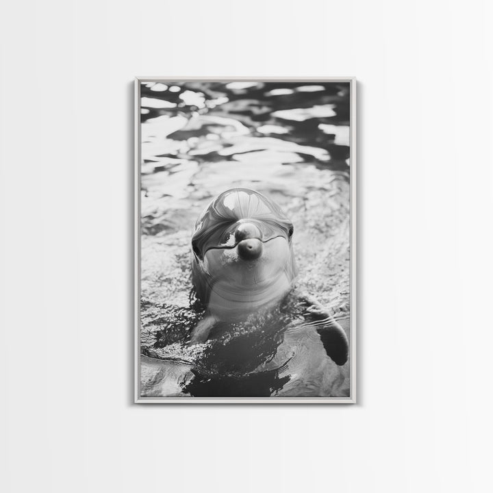 Dolphin Smile, Ocean Friend, Water Reflections, Gentle Waves, Framed Canvas Print, Kids Bathroom Art, Marine Life Decor, Playroom Artwork