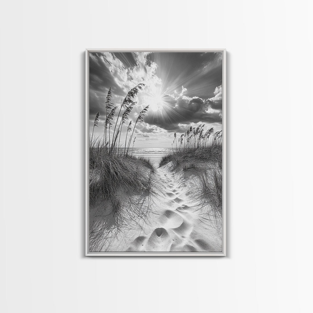 Beach Path, Seagrass Sunset, Radiant Sky, Coastal Light, Framed Canvas Print, coastal farmhouse decor, entryway art, sunshine beach scene
