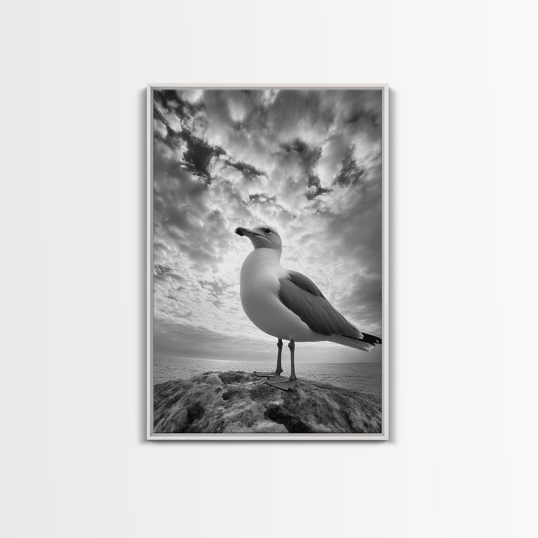 Coastal Seagull, Ocean Breeze, Serene Sky, Seaside Moment Framed Canvas Print, coastal decor, nautical bathroom wall art, nature photography