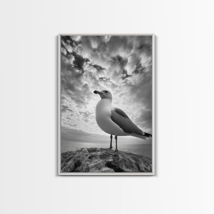 Coastal Seagull, Ocean Breeze, Serene Sky, Seaside Moment Framed Canvas Print, coastal decor, nautical bathroom wall art, nature photography