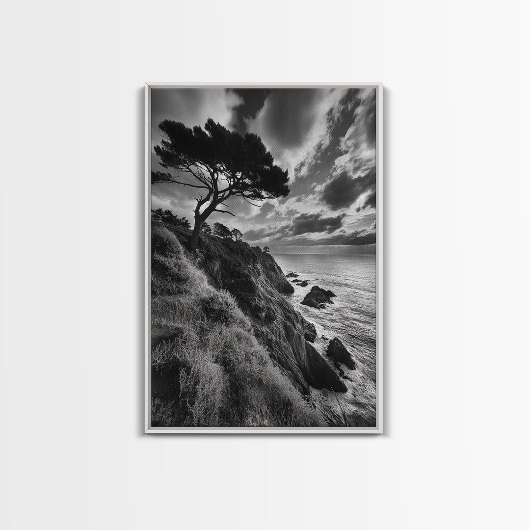 Coastal Pines, Rocky Shore, Windswept Tree, Wild Ocean Framed Canvas Print, rustic cabin art, black and white beach wall decor