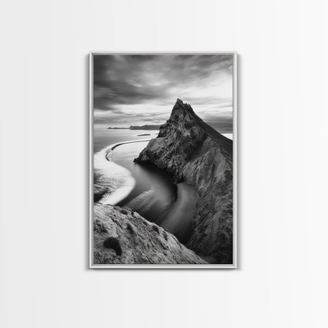 Mountain Peak, Coastal Horizon, Nature Majesty, Serene Edge Framed Canvas Print, modern landscape art, minimalist bedroom decor